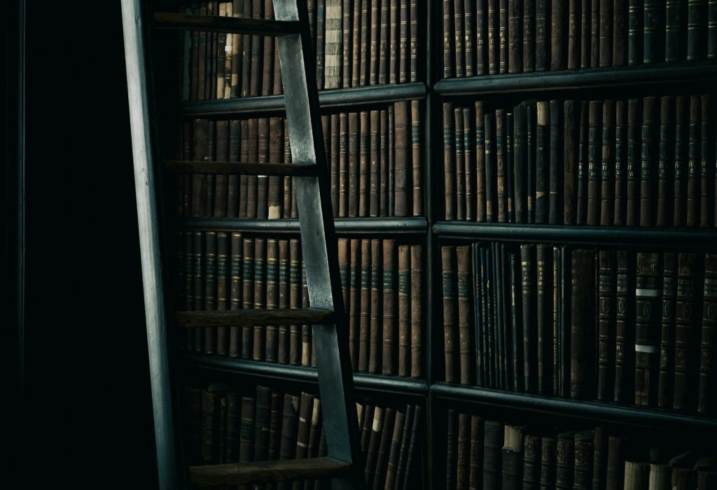 black wooden ladder beside brown wooden bookshelf